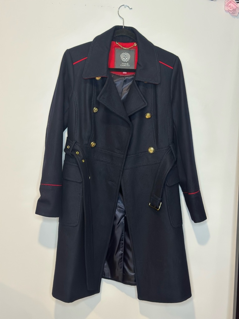 Vince Camuto Wool Navy Double-Breasted Trench Coat with Red Trim Sz S like new - Picture 9 of 12